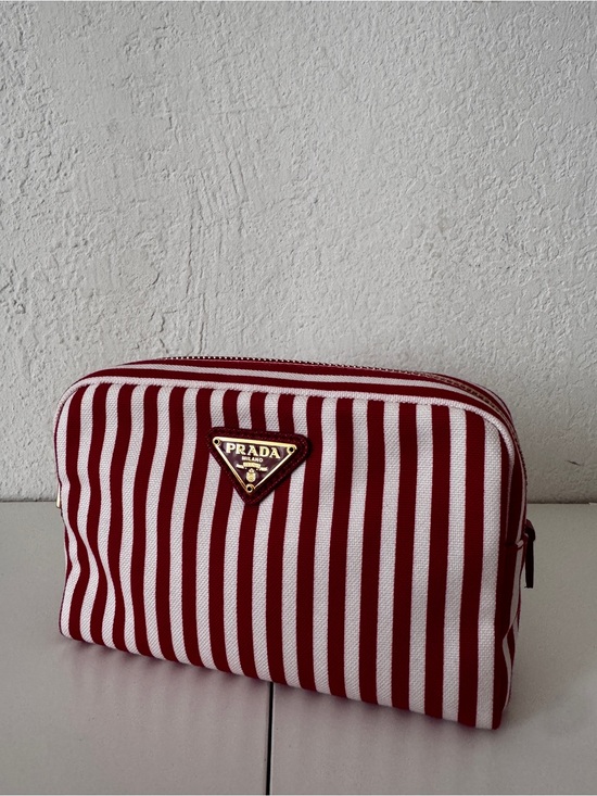 Prada Handbags - Prada Red and White Striped Canvas Cosmetic Pouch